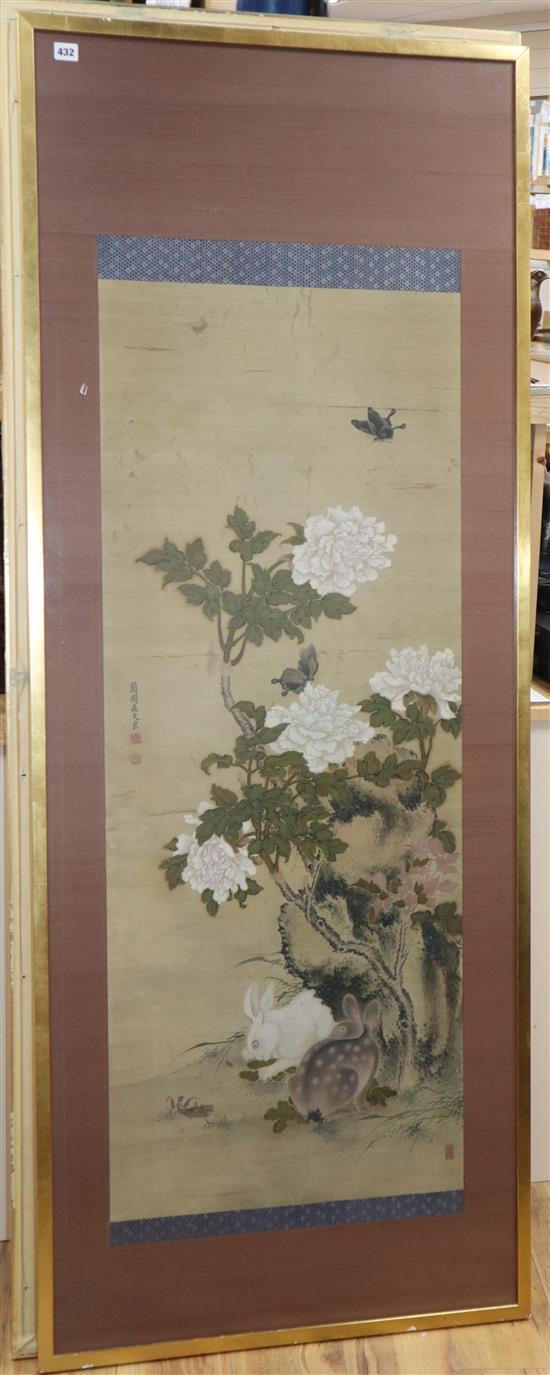 After Mori Ransai (Chinese, 1740-1807): An ink and pigment on silk panel depicting two rabbits,